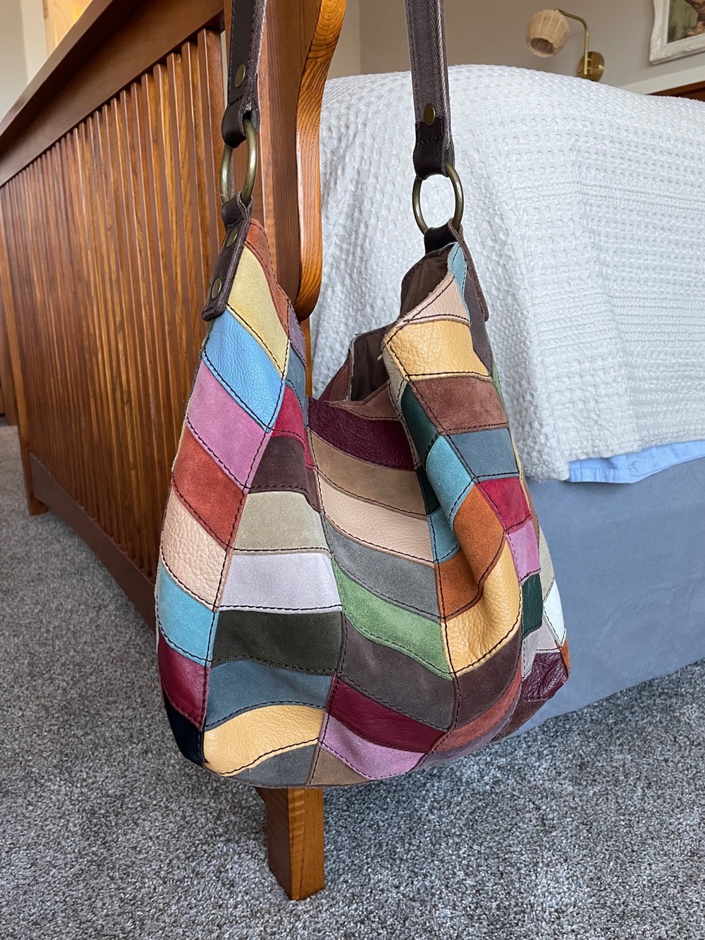Y2K Lucky Brand suede leather patchwork hobo bag- An Ugly Betty Bag, Vintage